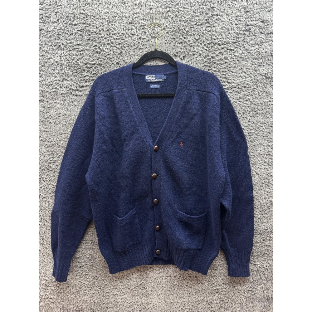 Vintage Polo Ralph Lauren Knitted 100% Wool Cardigan Sweater Navy Blue Men's L